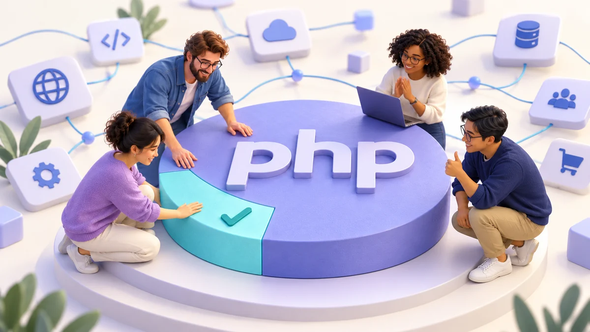 Un equipo celebra la reparación de una plataforma con el logotipo de PHP, como símbolo de la respuesta de su comunidad ante las vulnerabilidades.